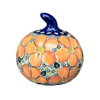 A picture of a Polish Pottery 5.75" Decorative Pumpkin (Orange Daisy) | GAD37-AP as shown at PolishPotteryOutlet.com/products/5-75-decorative-pumpkin-orange-daisy-gad37-ap