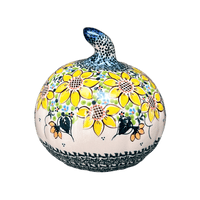 A picture of a Polish Pottery 5.75" Decorative Pumpkin (Sunflower Party) | GAD37-ASZ1 as shown at PolishPotteryOutlet.com/products/5-75-decorative-pumpkin-sunflower-party-gad37-asz1
