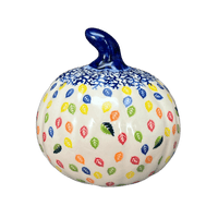 A picture of a Polish Pottery 5.75" Decorative Pumpkin (Rainbow Leaves) | GAD37-PL1 as shown at PolishPotteryOutlet.com/products/5-75-decorative-pumpkin-rainbow-leaves-gad37-pl1