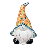A picture of a Polish Pottery 6.5" Small Gnome Figurine (Orange Daisy) | GAD38-AP as shown at PolishPotteryOutlet.com/products/6-5-small-gnome-figurine-orange-daisy-gad38-ap
