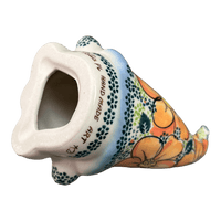 A picture of a Polish Pottery 6.5" Small Gnome Figurine (Orange Daisy) | GAD38-AP as shown at PolishPotteryOutlet.com/products/6-5-small-gnome-figurine-orange-daisy-gad38-ap