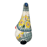 A picture of a Polish Pottery 8.5" Large Gnome Figurine (Sunflower Party) | GAD40-ASZ1 as shown at PolishPotteryOutlet.com/products/8-5-large-gnome-figurine-sunflower-party-gad40-asz1