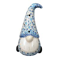 A picture of a Polish Pottery 8.5" Large Gnome Figurine (Snow Flurry) | GAD40-PCH as shown at PolishPotteryOutlet.com/products/8-5-large-gnome-figurine-snow-flurry-gad40-pch