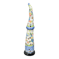 A picture of a Polish Pottery 12.5" Skinny Gnome Luminary (Daisy Garden) | GAD43-ABP4 as shown at PolishPotteryOutlet.com/products/12-5-skinny-gnome-luminary-daisy-garden-gad43-abp4