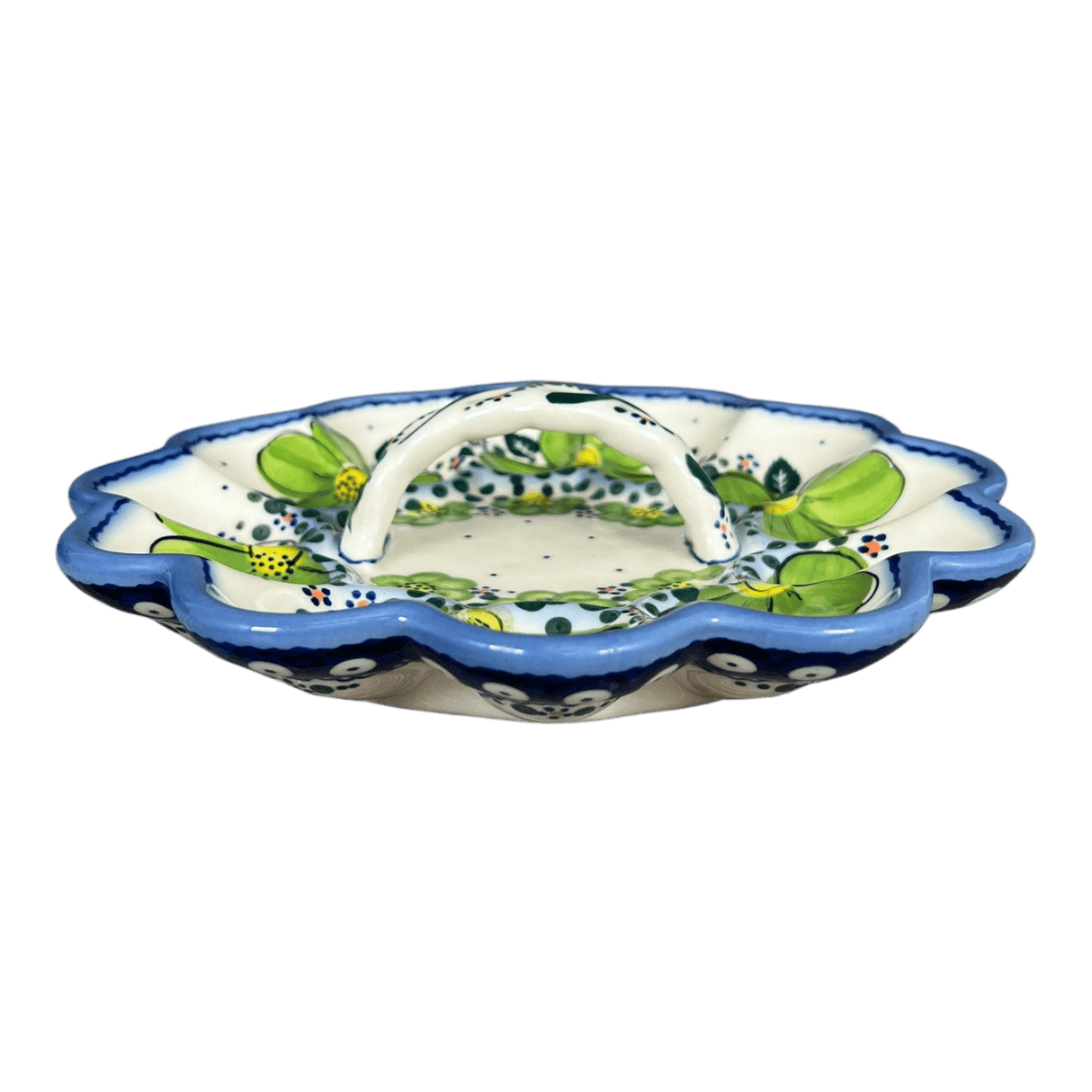 Plate, Round, Egg Plate, With Handle, 8.5" in "Green Daisy Dot" by Galia | GT13-UZK1