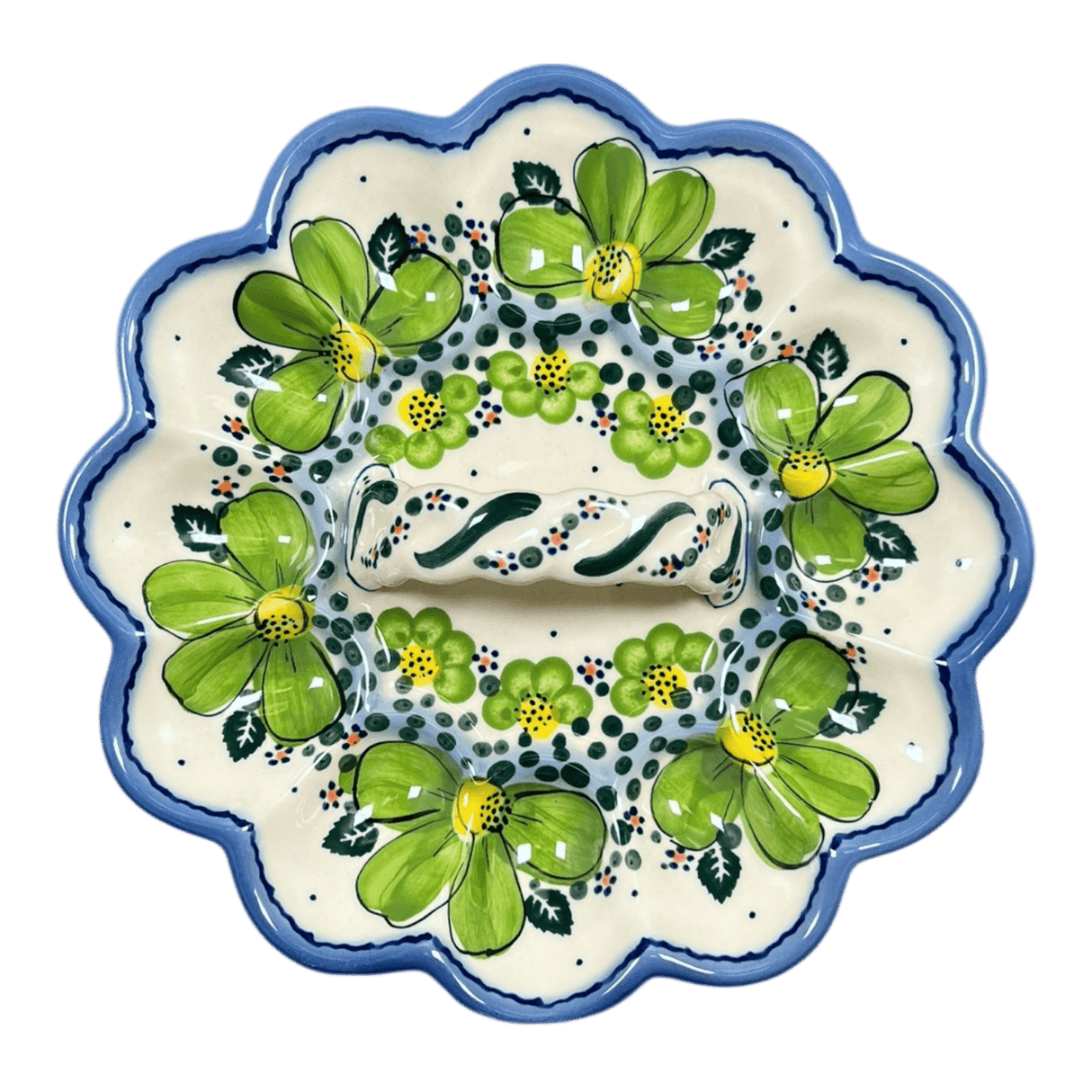 Plate, Round, Egg Plate, With Handle, 8.5" in "Green Daisy Dot" by Galia | GT13-UZK1