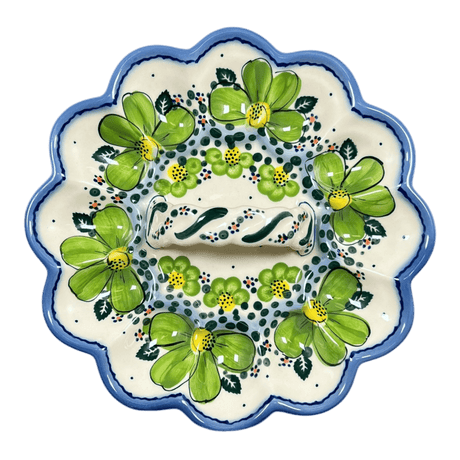 Plate, Round, Egg Plate, With Handle, 8.5" in "Green Daisy Dot" by Galia | GT13-UZK1