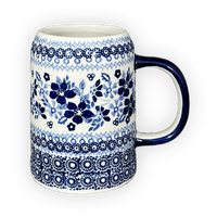 A picture of a Polish Pottery Small Tankard (Duet in Blue) | K054S-SB01 as shown at PolishPotteryOutlet.com/products/22-oz-bavarian-tankard-duet-in-blue-k054s-sb01