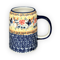 A picture of a Polish Pottery Small Tankard (Butterfly Bliss) | K054S-WK73 as shown at PolishPotteryOutlet.com/products/22-oz-bavarian-tankard-butterfly-bliss-k054s-wk73