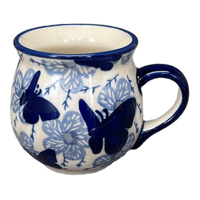 A picture of a Polish Pottery Small Belly Mug (Blue Butterfly) | K067U-AS58 as shown at PolishPotteryOutlet.com/products/7-oz-belly-mug-blue-butterfly-k067u-as58