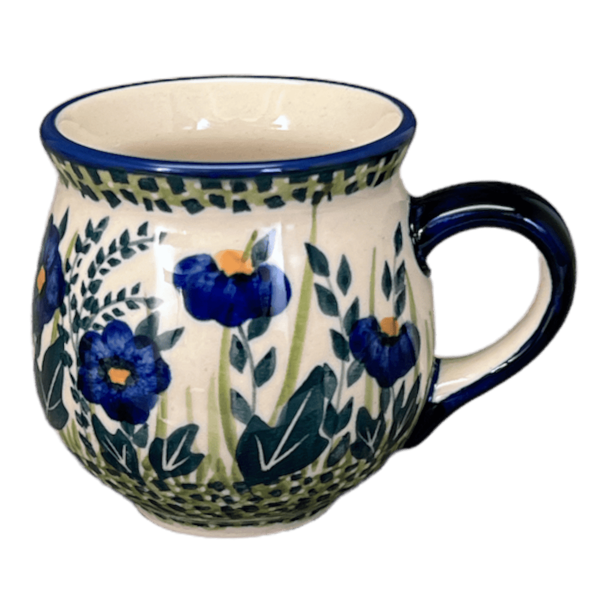 Mug, Belly Mug, Small, 7 oz in "Bouncing Blue Blossoms" by Manufaktura | K067U-IM03