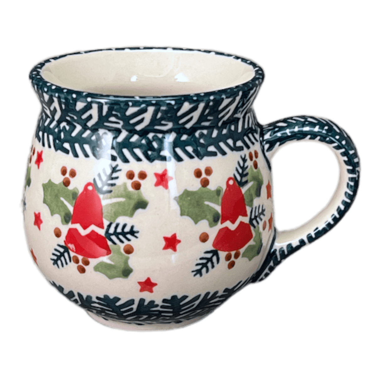Mug, Belly Mug, Small, 7 oz in "Evergreen Bells" by Manufaktura | K067U-PZDG