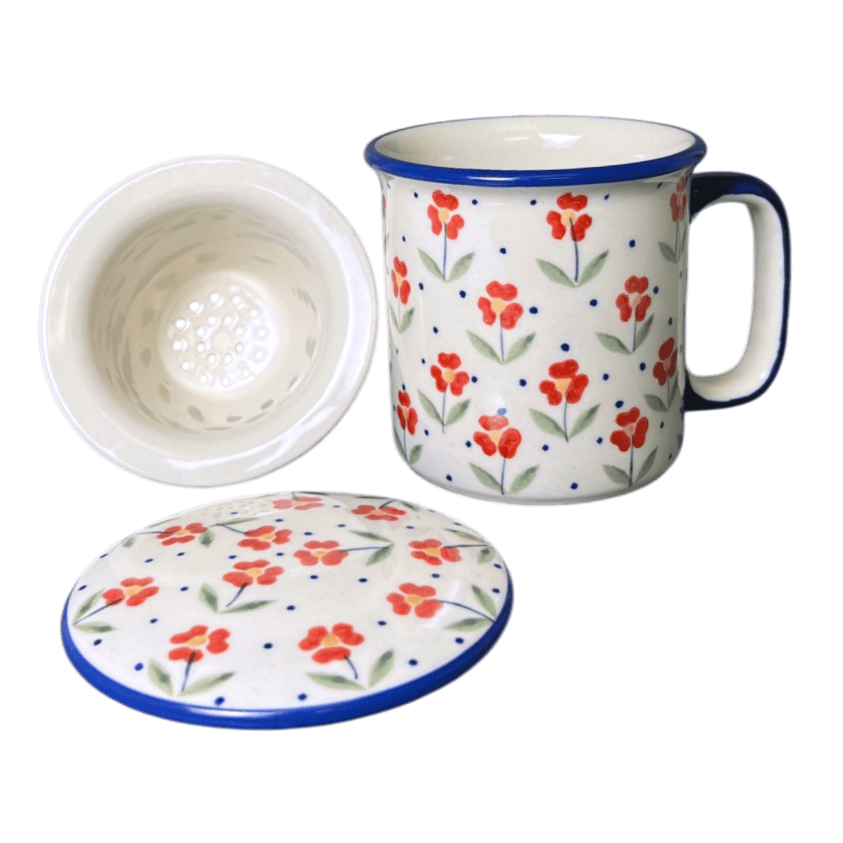 A ceramic enamel-style mug with a matching lid and separate infuser insert, decorated with a red floral pattern on a white background with blue accents.