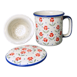 A ceramic enamel-style mug with a matching lid and separate infuser insert, decorated with a red floral pattern on a white background with blue accents.
