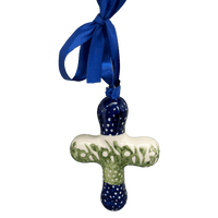 A picture of a Polish Pottery Cross Ornament (Bunny Love) | K078T-P324 as shown at PolishPotteryOutlet.com/products/small-cross-ornament-bunny-love-k078t-p324