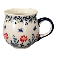 A picture of a Polish Pottery Medium Belly Mug (Butterfly Blossoms) | K090T-MM02 as shown at PolishPotteryOutlet.com/products/the-medium-belly-mug-butterfly-blossoms-k090t-mm02