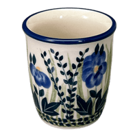 A picture of a Polish Pottery Wine Cup/Q-Tip Holder (Bouncing Blue Blossoms) | K100U-IM03 as shown at PolishPotteryOutlet.com/products/wine-cup-q-tip-holder-bouncing-blue-blossoms-k100u-im03