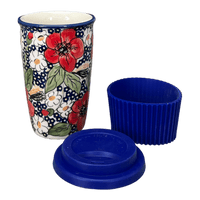 A picture of a Polish Pottery Travel Mug (Poppies & Posies) | K115S-IM02 as shown at PolishPotteryOutlet.com/products/travel-mug-poppies-posies-k115s-im02