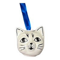 A picture of a Polish Pottery Cat Head Ornament (Full Bloom) | K142S-EO34 as shown at PolishPotteryOutlet.com/products/cat-head-ornament-full-bloom-k142s-eo34