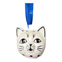 A picture of a Polish Pottery Cat Head Ornament (Winter's Eve) | K142S-IBZ as shown at PolishPotteryOutlet.com/products/cat-head-ornament-winters-eve-k142s-ibz