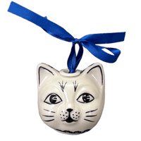 A picture of a Polish Pottery Cat Head Ornament (Pansies) | K142S-JZB as shown at PolishPotteryOutlet.com/products/cat-head-ornament-pansies-k142s-jzb
