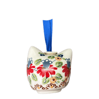 A picture of a Polish Pottery Cat Head Ornament (Mediterranean Blossoms) | K142S-P274 as shown at PolishPotteryOutlet.com/products/cat-head-ornament-mediterranean-blossoms-k142s-p274