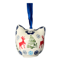 A picture of a Polish Pottery Cat Head Ornament (Reindeer Games) | K142T-BL07 as shown at PolishPotteryOutlet.com/products/cat-head-ornament-reindeer-games-k142t-bl07