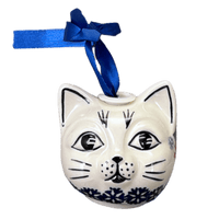 A picture of a Polish Pottery Cat Head Ornament (Holly in Bloom) | K142T-IN13 as shown at PolishPotteryOutlet.com/products/cat-head-ornament-holly-in-bloom-k142t-in13