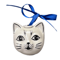 A picture of a Polish Pottery Cat Head Ornament (Peaceful Season) | K142T-JG24 as shown at PolishPotteryOutlet.com/products/cat-head-ornament-peaceful-season-k142t-jg24