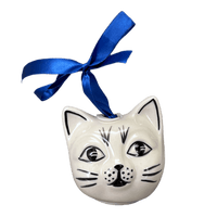 A picture of a Polish Pottery Cat Head Ornament (Holiday Cheer) | K142T-NOS2 as shown at PolishPotteryOutlet.com/products/cat-head-ornament-holiday-cheer-k142t-nos2