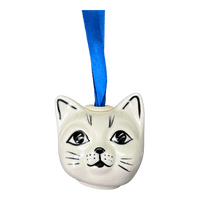 A picture of a Polish Pottery Cat Head Ornament (Festive Forest) | K142U-INS6 as shown at PolishPotteryOutlet.com/products/cat-head-ornament-festive-forrest-k142u-ins6