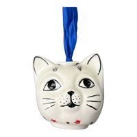 A picture of a Polish Pottery Cat Head Ornament (Evergreen Bells) | K142U-PZDG as shown at PolishPotteryOutlet.com/products/cat-head-ornament-evergreen-bells-k142u-pzdg