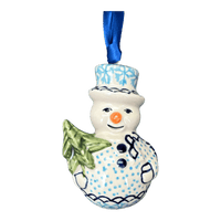 A picture of a Polish Pottery Snowman Ornament (Peaceful Season) | K143T-JG24 as shown at PolishPotteryOutlet.com/products/snowman-ornament-peaceful-season-k143t-jg24