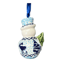 A picture of a Polish Pottery Snowman Ornament (Peaceful Season) | K143T-JG24 as shown at PolishPotteryOutlet.com/products/snowman-ornament-peaceful-season-k143t-jg24
