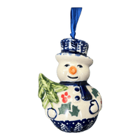 A picture of a Polish Pottery Snowman Ornament (Holiday Cheer) | K143T-NOS2 as shown at PolishPotteryOutlet.com/products/snowman-ornament-holiday-cheer-k143t-nos2