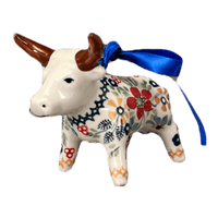 A picture of a Polish Pottery Bull Ornament (Ruby Bouquet) | K167S-DPCS as shown at PolishPotteryOutlet.com/products/bull-ornament-ruby-bouquet-k167s-dpcs