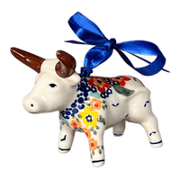 A picture of a Polish Pottery Bull Ornament (Brilliant Garden) | K167S-DPLW as shown at PolishPotteryOutlet.com/products/bull-ornament-brilliant-garden-k167s-dplw