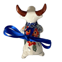 A picture of a Polish Pottery Bull Ornament (Brilliant Garden) | K167S-DPLW as shown at PolishPotteryOutlet.com/products/bull-ornament-brilliant-garden-k167s-dplw