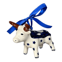 A picture of a Polish Pottery Bull Ornament (Winter's Eve) | K167S-IBZ as shown at PolishPotteryOutlet.com/products/bull-ornament-winters-eve-k167s-ibz