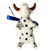 A picture of a Polish Pottery Bull Ornament (Winter's Eve) | K167S-IBZ as shown at PolishPotteryOutlet.com/products/bull-ornament-winters-eve-k167s-ibz