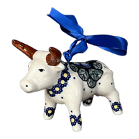 A picture of a Polish Pottery Bull Ornament (Pansies) | K167S-JZB as shown at PolishPotteryOutlet.com/products/bull-ornament-pansies-k167s-jzb