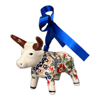A picture of a Polish Pottery Bull Ornament (Poppy Persuasion) | K167S-P265 as shown at PolishPotteryOutlet.com/products/bull-ornament-poppy-persuasion-k167s-p265