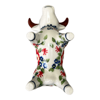 A picture of a Polish Pottery Bull Ornament (Poppy Persuasion) | K167S-P265 as shown at PolishPotteryOutlet.com/products/bull-ornament-poppy-persuasion-k167s-p265