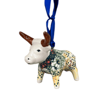 A picture of a Polish Pottery Bull Ornament (Sunshine Grotto) | K167S-WK52 as shown at PolishPotteryOutlet.com/products/bull-ornament-sunshine-grotto-k167s-wk52