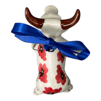 A picture of a Polish Pottery Bull Ornament (Poppy Garden) | K167T-EJ01 as shown at PolishPotteryOutlet.com/products/bull-ornament-poppy-garden-k167t-ej01