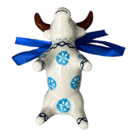 A picture of a Polish Pottery Bull Ornament (Peaceful Season) | K167T-JG24 as shown at PolishPotteryOutlet.com/products/bull-ornament-peaceful-season-k167t-jg24