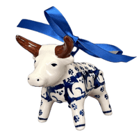A picture of a Polish Pottery Bull Ornament (Kitty Cat Path) | K167T-KOT6 as shown at PolishPotteryOutlet.com/products/bull-ornament-kitty-cat-path-k167t-kot6
