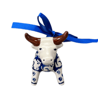 A picture of a Polish Pottery Bull Ornament (Kitty Cat Path) | K167T-KOT6 as shown at PolishPotteryOutlet.com/products/bull-ornament-kitty-cat-path-k167t-kot6