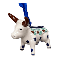 A picture of a Polish Pottery Bull Ornament (Starry Wreath) | K167T-PZG as shown at PolishPotteryOutlet.com/products/bull-ornament-starry-wreath-k167t-pzg