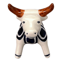 A picture of a Polish Pottery Bull Ornament (Navy Retro) | K167U-601A as shown at PolishPotteryOutlet.com/products/bull-ornament-navy-retro-k167u-601a